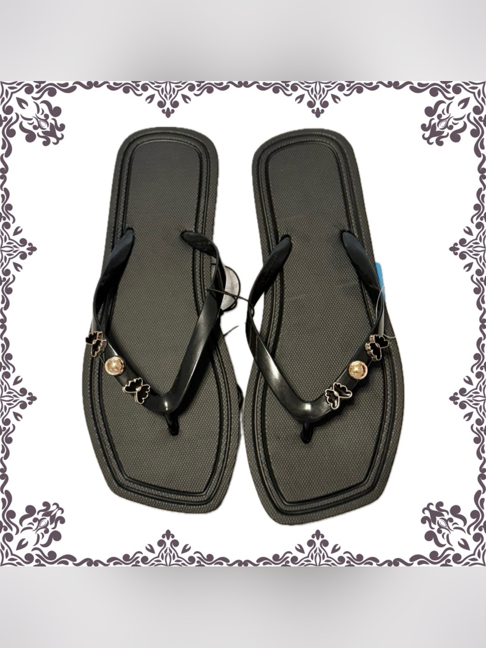 Sandals Flip Flops slip on shoes- sz 5/6 small. NEW! Black w/ gold accents